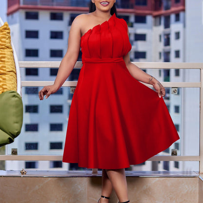 Plus Size Women'S Elegant Solid Color High Waist Pleated Off-Shoulder Party Dress