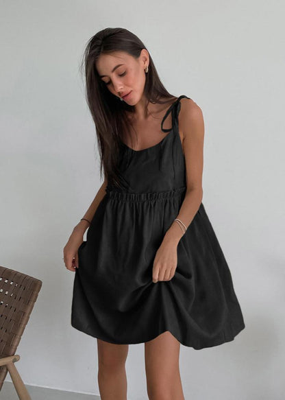 Adjustable Strap Linen Dress With Gathered Waist