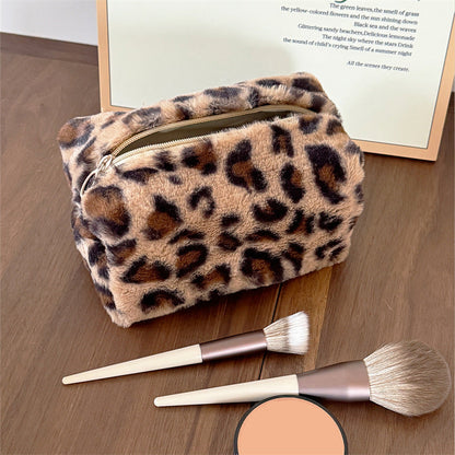 Fuzzy Plush Leopard Print Travel Cosmetic Bag