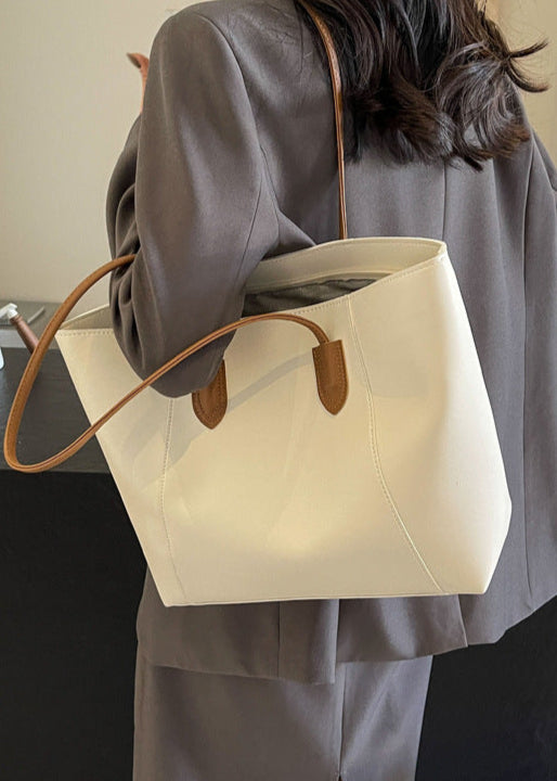 Two Tone PU Leather Tote Bag With Long Straps