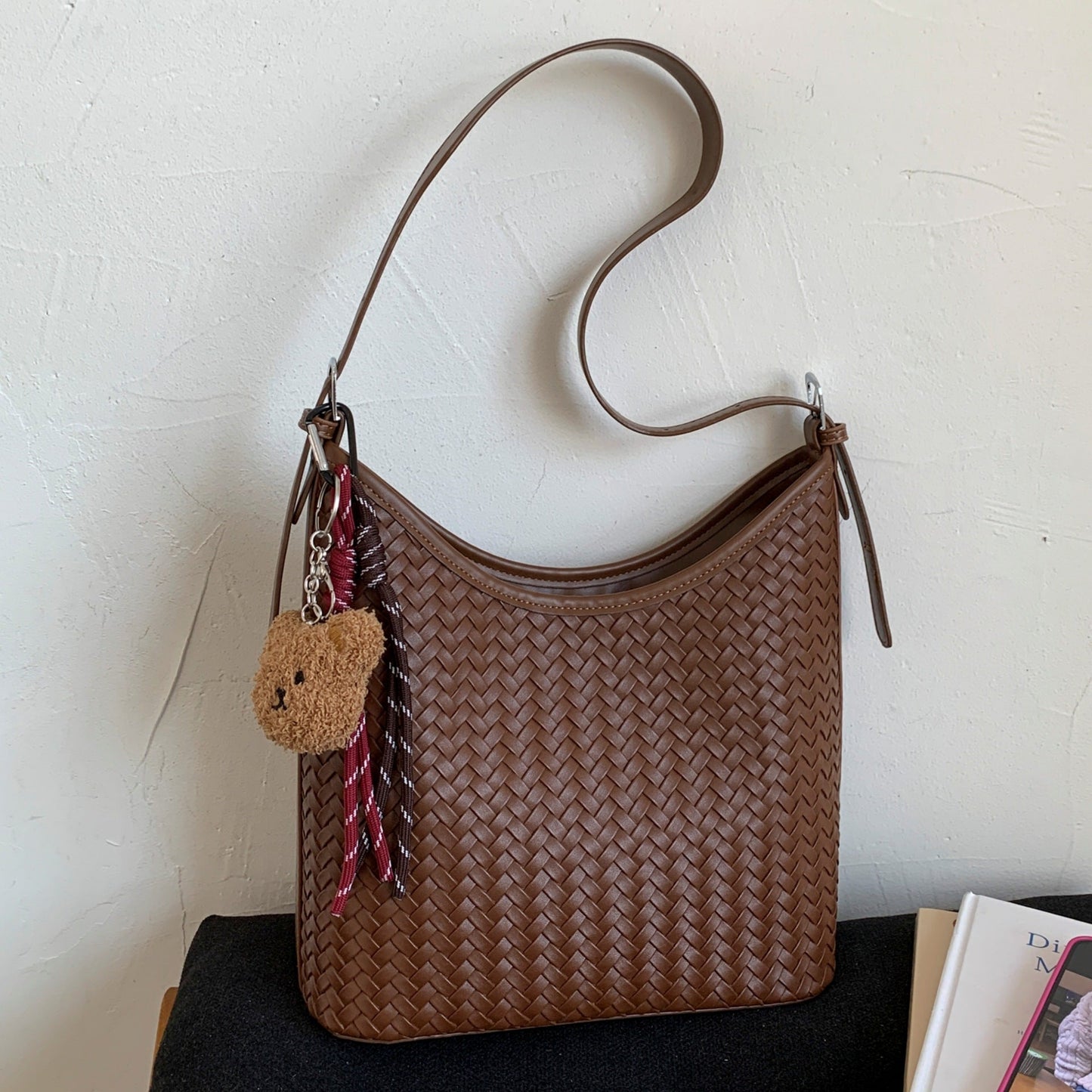Trendy Woven Texture Bucket Tote Bag Large Capacity Casual Shoulder Bag
