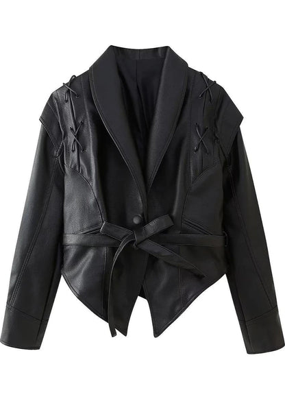 Lace Up Faux Leather Blazer With Sculpted Silhouette