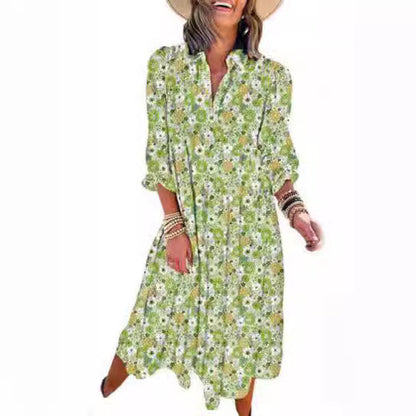 New Casual Loose Long-Sleeved V-Neck Women'S Bohemian Floral Elegant A-Shaped Dress
