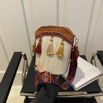Ethnic Style Woven Bucket Bag Casual PU Crossbody Bag