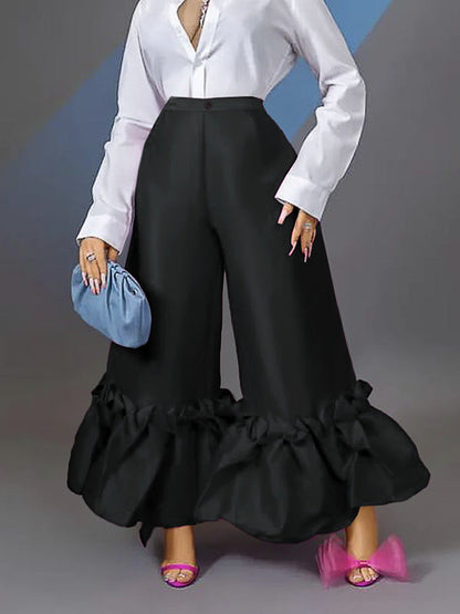 Women'S High Waist Loose Design Ruffle Wide Leg Pants Long Pants