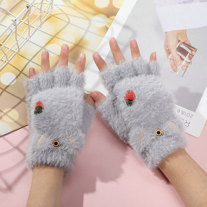 Cute Animal Paw Fingerless Gloves Plush Winter Mittens