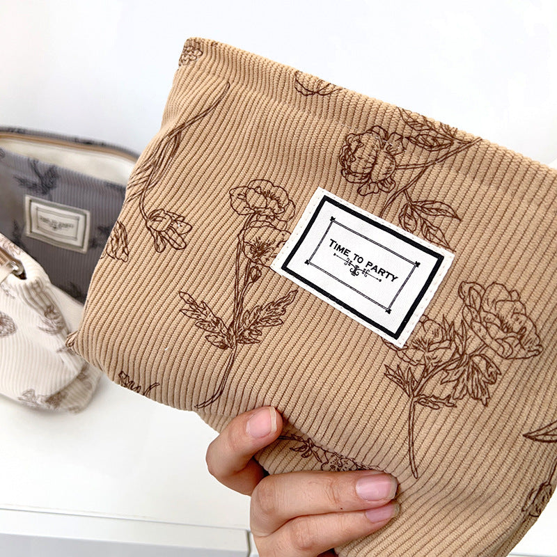 Floral Corduroy Makeup Bag Compact Storage Pouch