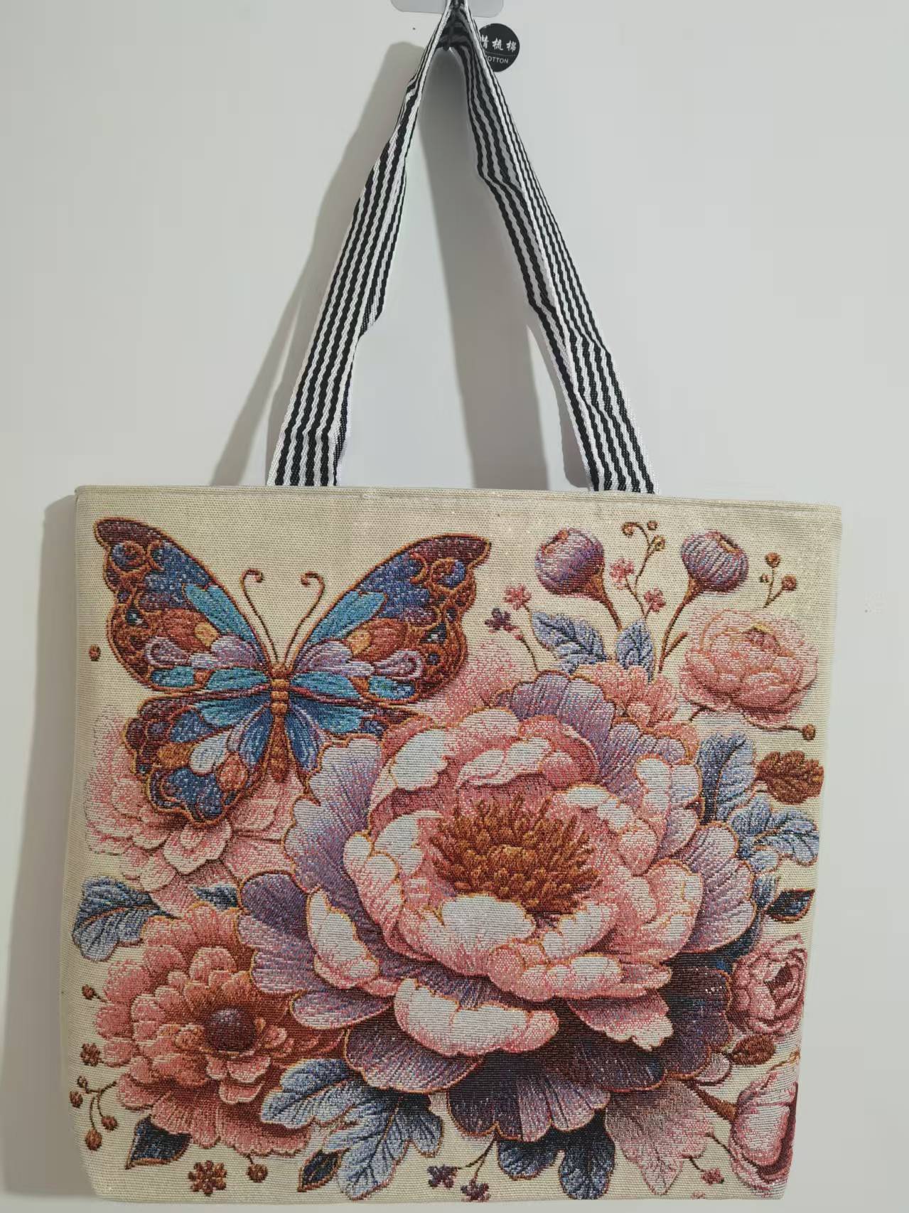 Embroidered Canvas Tote Bag with Floral Patterns