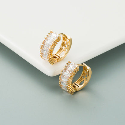 Colorful Zirconia Stud Earrings U-Shape Brass Plated with 18K Gold