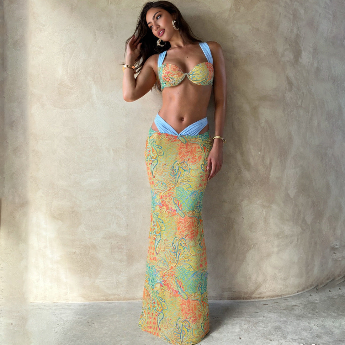 Color Block Printed Tie-Front Top And High Waist Skirt Set