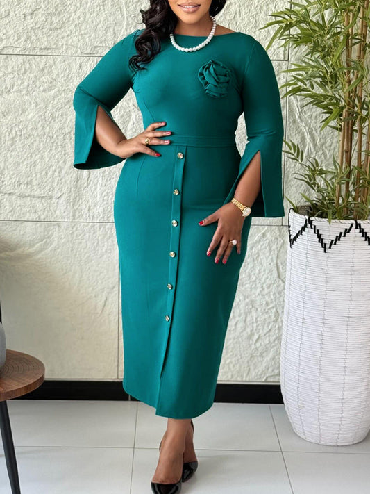 Elegant Floral Bodycon Dress For Work - Peacock Green, Cream, Purple, Navy