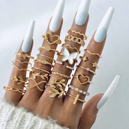 Trendy Leaf Heart Rings Geometric Pearl Joint Stacking Ring Set