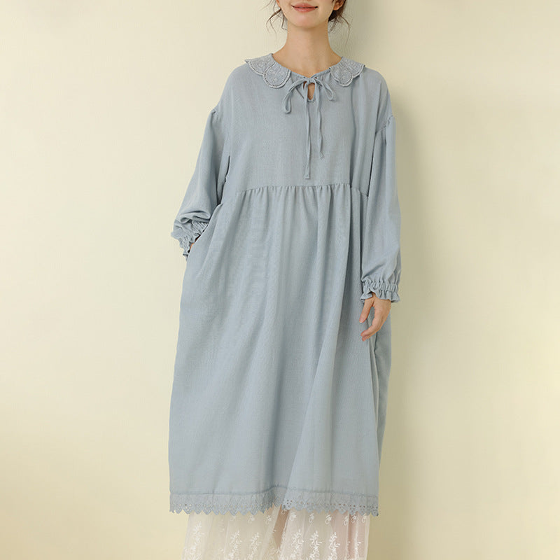 Sweet Lace Collar Long Sleeve Maxi Dress Casual Bamboo Cotton