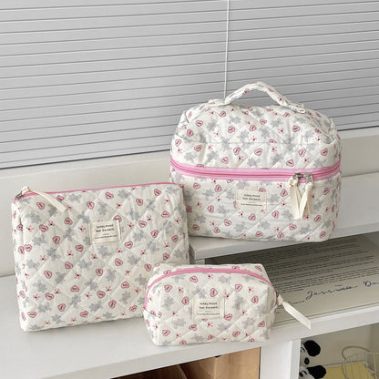 Bow Flower Large Capacity Makeup Bag Vintage Quilted Toiletry Pouch