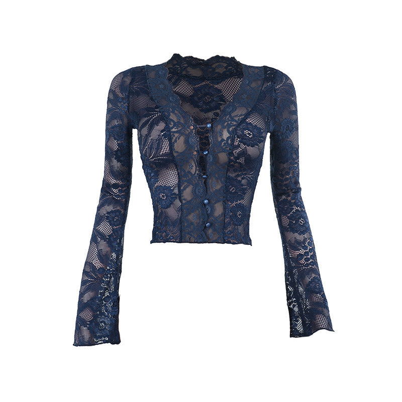 V-Neck Lace Long Sleeve Top for Women