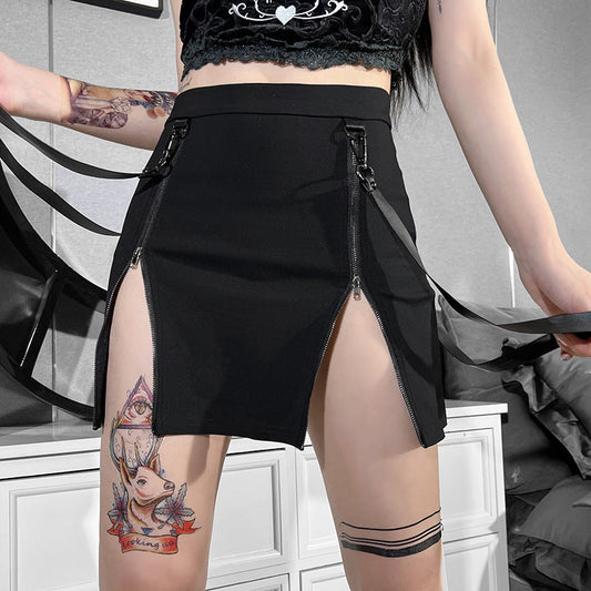 Gothic Design Double Zipper High Split Summer Bodycon Skirt