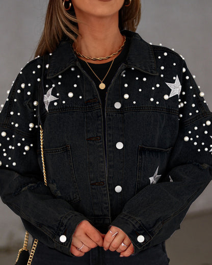 Fashionable Plus Size Denim Jacket with Beaded Details