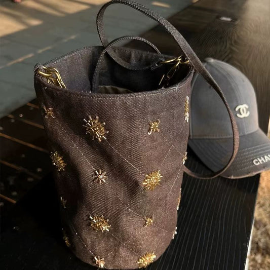 Vintage Studded Denim Shoulder Bucket bag