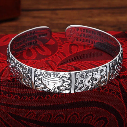 Vintage Thai Silver Auspicious Eight Treasures Bracelet Worn-Out Black Tibetan Silver Bracelet Miao Silver Jewelry Handmade Ethnic Style Woman