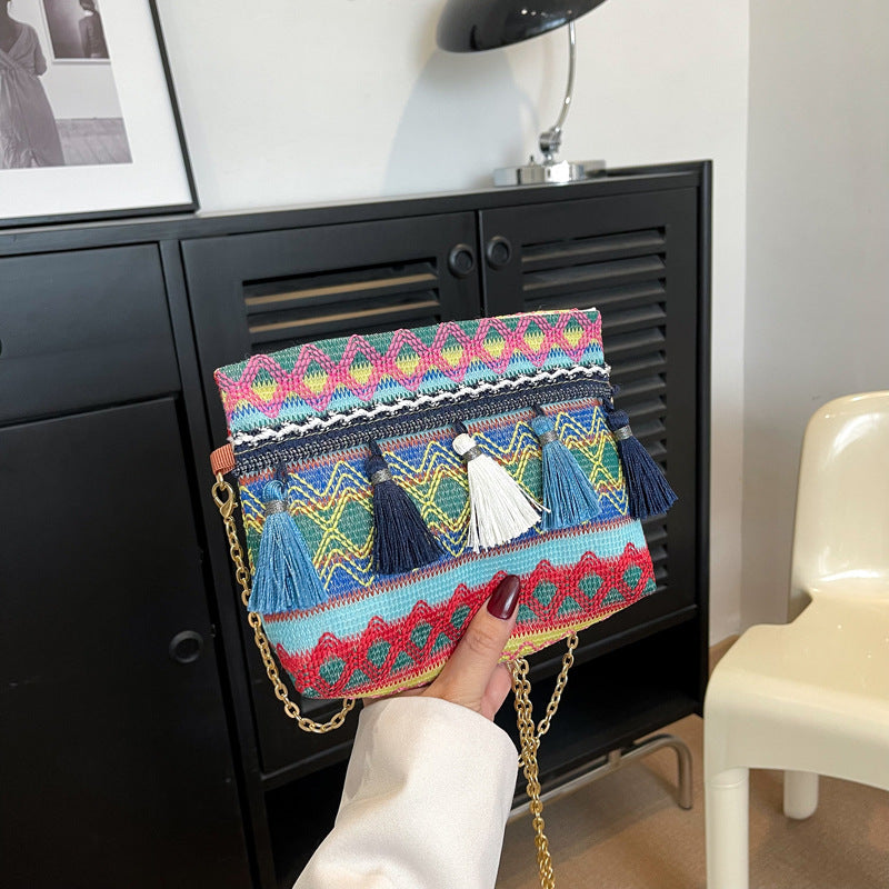 Trendy Woven Fringe Shoulder Bag Cotton