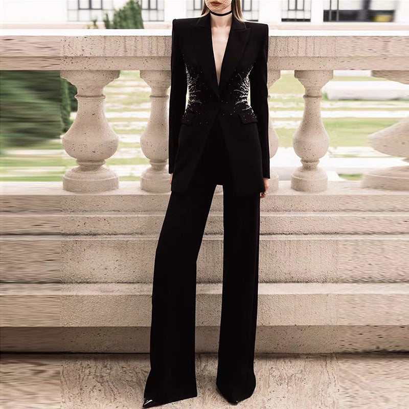 Trendy Elegant Beaded Suit Set With Long Pants