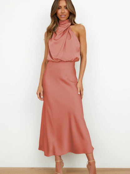 Elegant Satin Halter Dress for Women - High-End Evening Gown