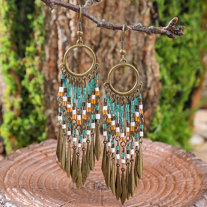 Bohemian Leaf Tassel Earrings Vintage Alloy Jewelry