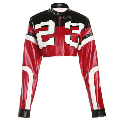 Trendy Color Block Embroidered Biker Jacket