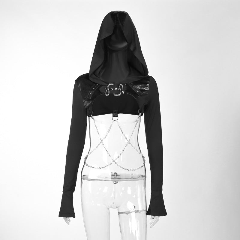 Trendy Hooded Long Sleeve Women's Pullover with Chain Design