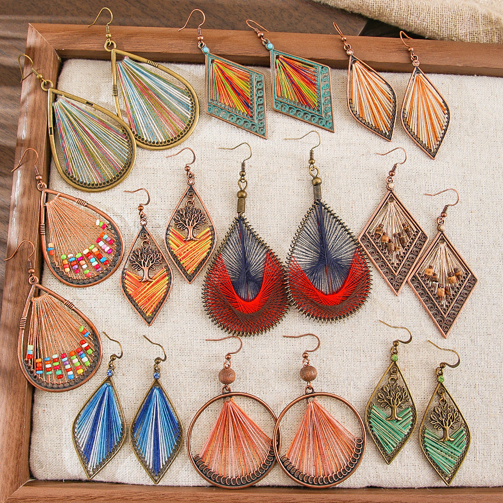 Bohemian Handcrafted Wire Earrings Colorful Thread Weaving Statement Dangle Earrings