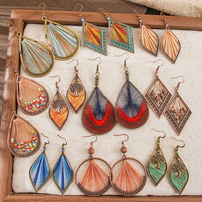 Bohemian Handcrafted Wire Earrings Colorful Thread Weaving Statement Dangle Earrings