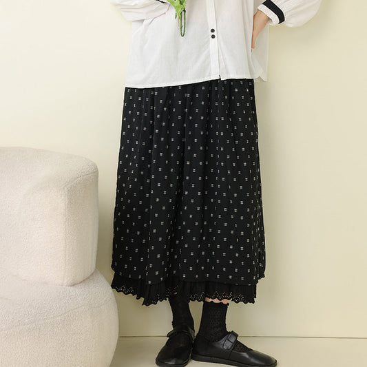 Cotton Geometric Pattern A-Line Skirt with Lace Trim