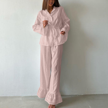 Casual Ruffled Shirt And Pant Set Cotton Long Sleeve