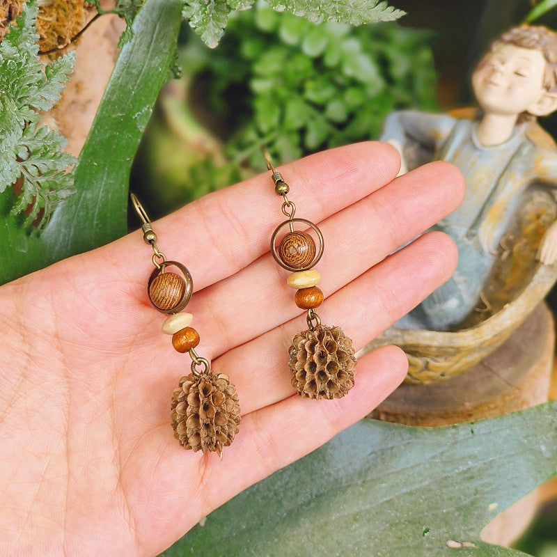 Handcrafted Vintage Floral Wooden Bead Earrings