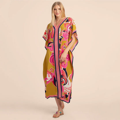 Popular Positioning Printed Beach Blouse Robe-Style Casual Vacation Dress Bikini Blouse