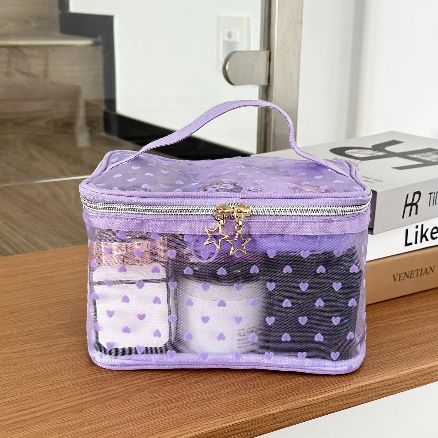 Flocked Heart Makeup Bag Convenient Large Capacity Breathable