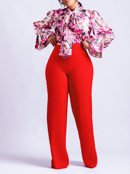 Casual Long Sleeve Floral Shirt And Wide Leg Pants Set