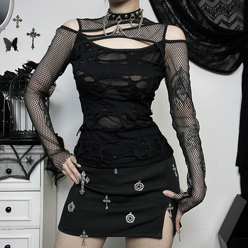 Edgy Black Mesh Cutout Long Sleeve Top