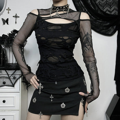 Edgy Black Mesh Cutout Long Sleeve Top