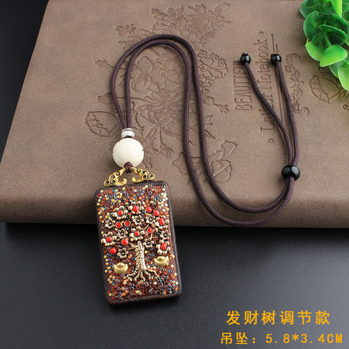 Vintage Ebony Nepal Pendant Fortune Transfer Necklace Long Versatile Ethnic Style Peace Card Pendant Necklace