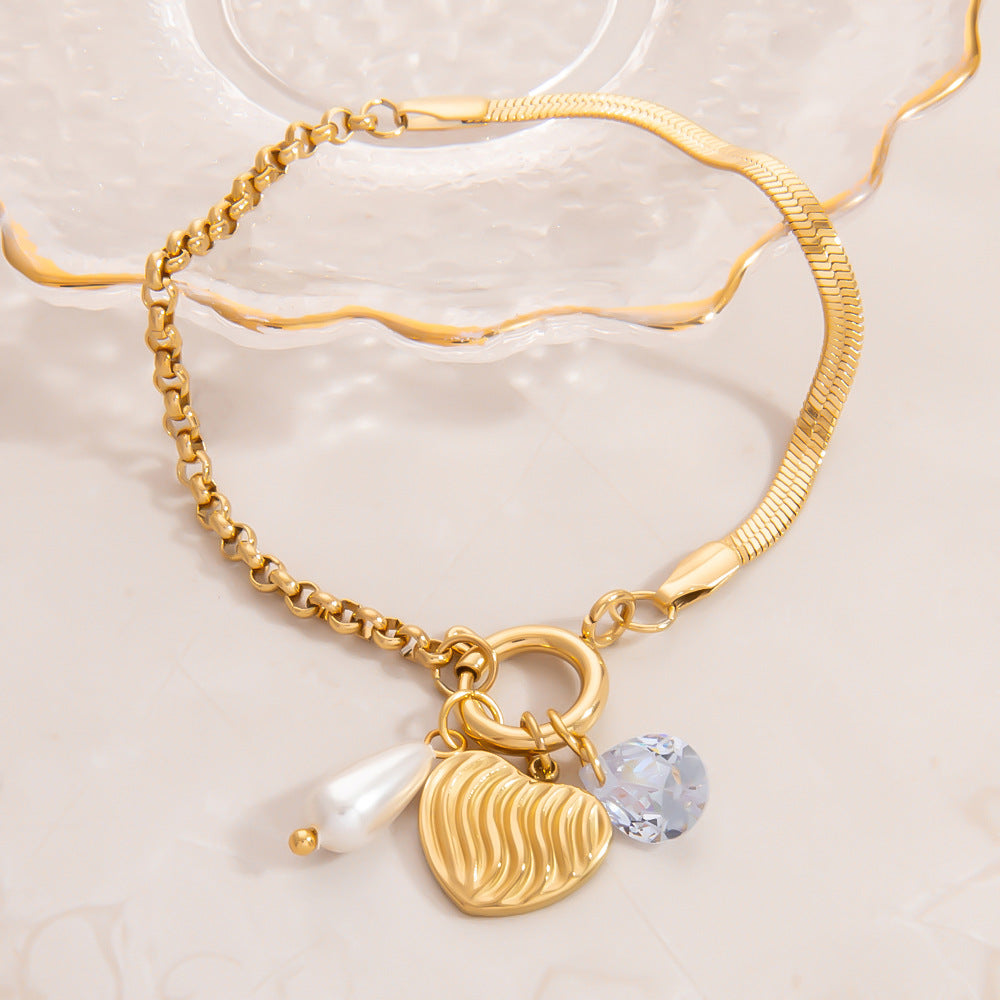 Stainless Steel Pearl Heart Pendant Bracelet Handcrafted DIY 18K Gold Plated Fashion Jewelry