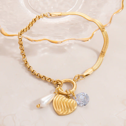 Stainless Steel Pearl Heart Pendant Bracelet Handcrafted DIY 18K Gold Plated Fashion Jewelry