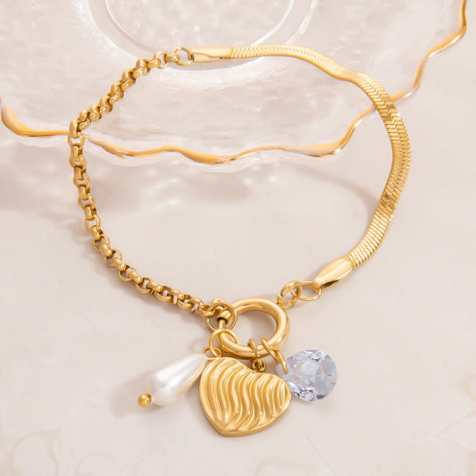 Stainless Steel Pearl Heart Pendant Bracelet Handcrafted DIY 18K Gold Plated Fashion Jewelry