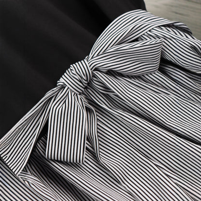 Striped A-Line Dress with Long Sleeves and Tie Waist