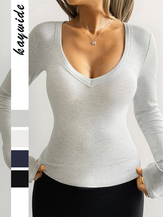 Women's Solid Color Long Sleeve Fitted T-Shirt