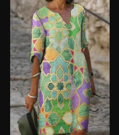 Abstract Print V-Neck A-Line Dress Comfortable Casual Fashion