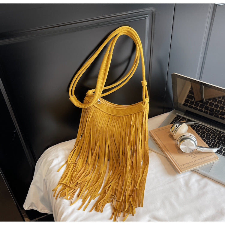 Vintage Suede Fringe Crossbody Bag Stylish PU Leather Shoulder Bag