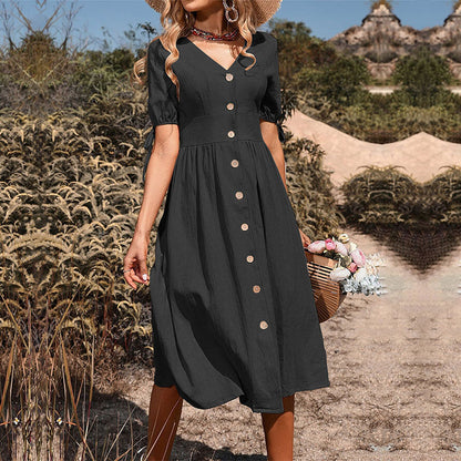 Summer New Women'S Midi Skirt Short Sleeve V-Neck Solid Color Dress