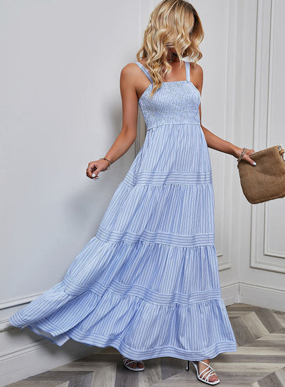 Solid Color Striped Spaghetti Long Dress