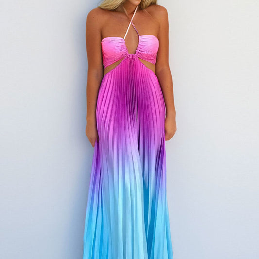 Gradient Color High-Waisted Dress Elegant Backless Maxi Dress